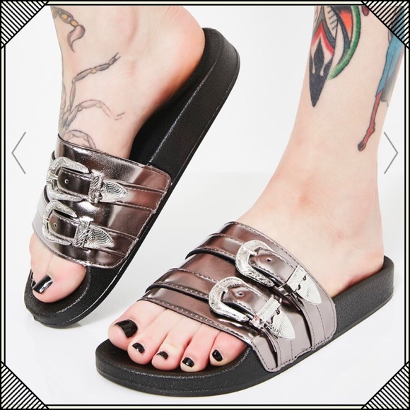 Wild Diva Shoes - * Wild Dive Buckle Slides * Chrome Metallic Sandal